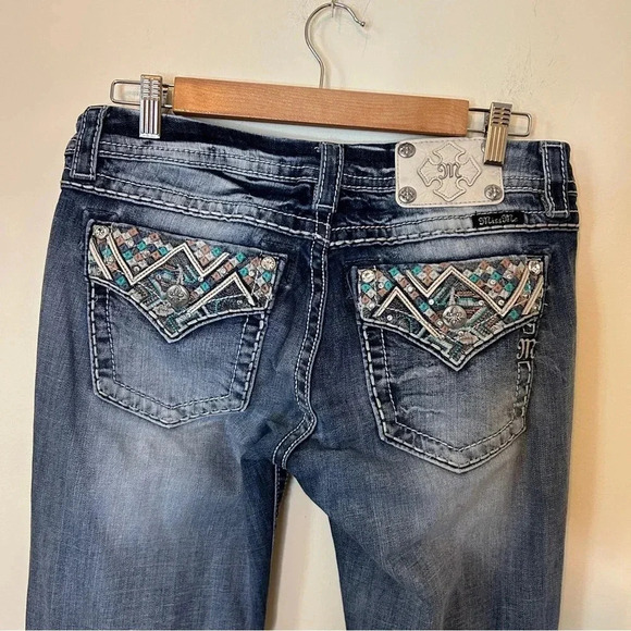 Miss Me Signature Bootcut Jeans Turquoise and Pink Embroidered Pockets with Rine - Picture 4 of 14